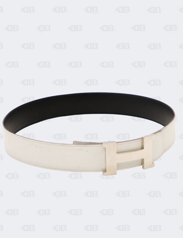 Hermes Noir/White Box Calf and Epsom H Buckle Reversible Belt Size 85