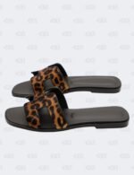 Hermes Oran Gold/Noir Lepard Printed in Moire Calfskin Flat Sandals Size 40