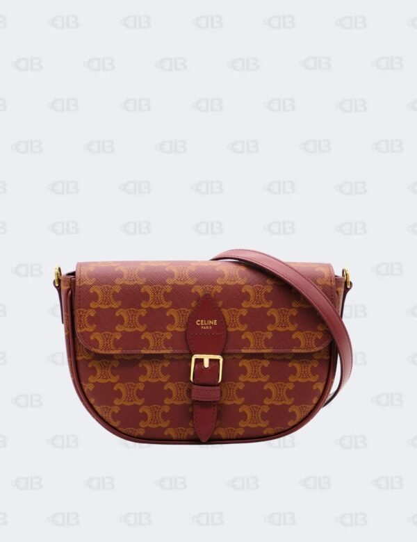 Celine Burgundy/Tan Folco Triomphe Canvas and Calfskin Shoulder Bag