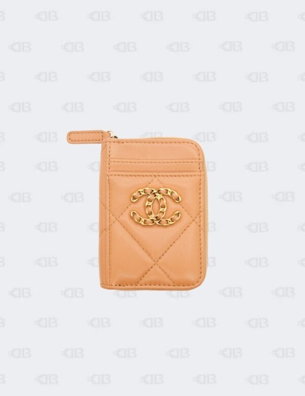 Chanel 19 Tan Quilted Lambskin Leather Zip around Card Holder