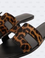 Hermes Oran Gold/Noir Lepard Printed in Moire Calfskin Flat Sandals Size 40