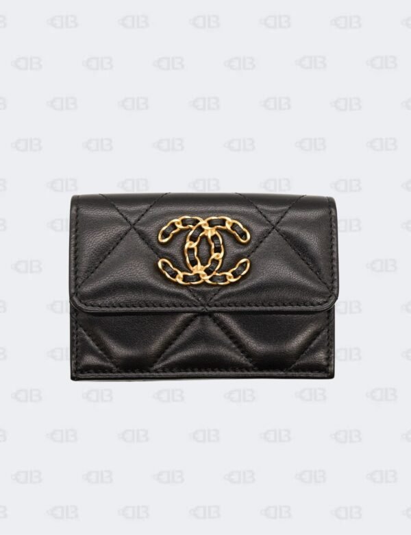 Chanel 19 Black Quilted Lambskin Leather Trifold Flap Wallet