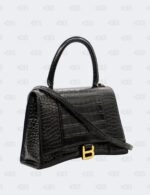 Balenciaga Black Medium Hourglass in Crocodile Embossed Leather Top Handle Bag