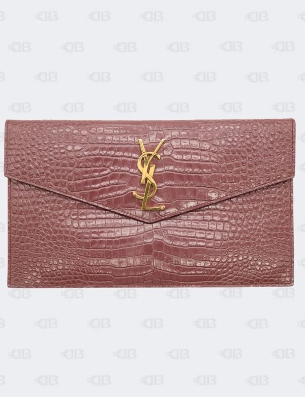 Yves Saint Laurent Burgundy Croc Embossed Leather Uptown Clutch