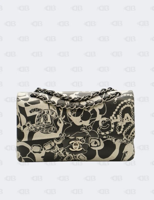 Chanel Black/Silver Printed Lambskin Medium Classic Double Flap Bag
