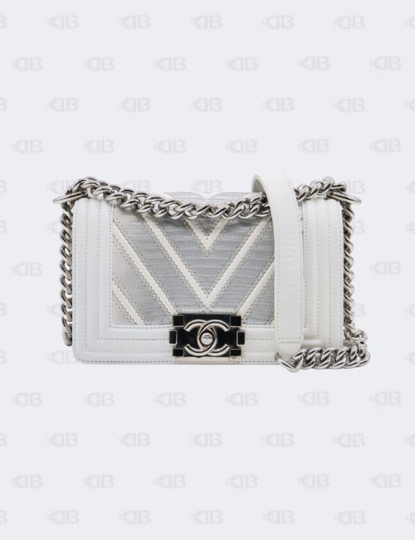 Chanel White/Grey Lizard Leather Small Boy Flap Bag