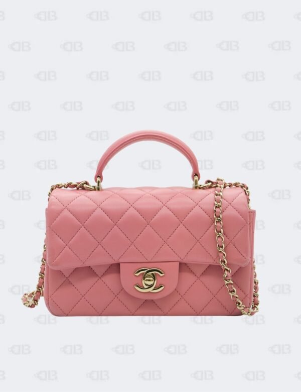 Chanel Pink Lambskin Top Handle Rectangle Mini Flap Bag