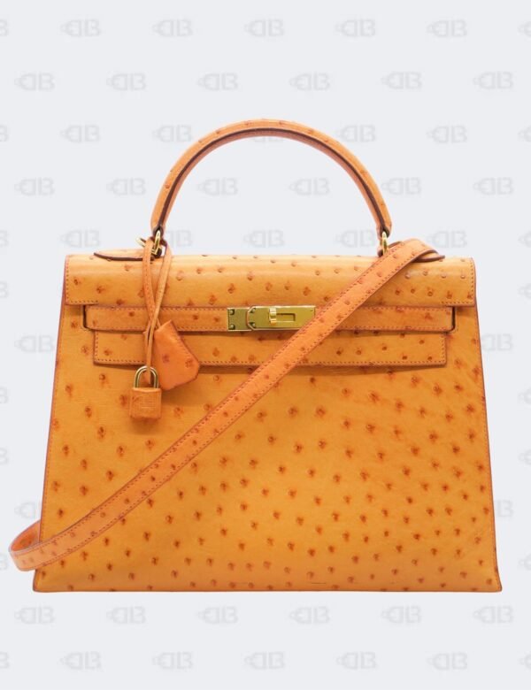 Hermes Kelly 32 Retourne Orange Ostrich Leather with Gold Hardware