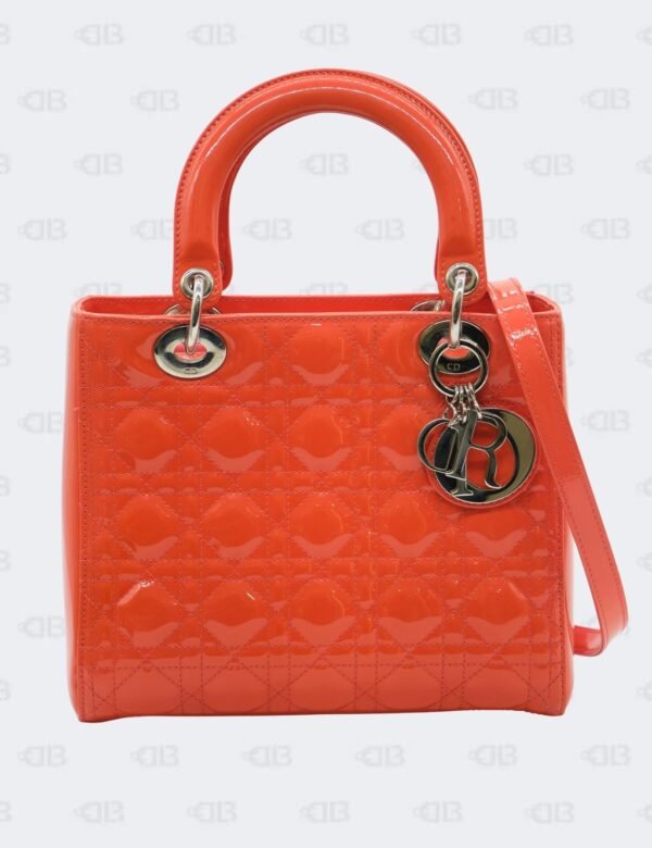 Christian Dior Orange Cannage Patent Leather Lady Dior Medium Tote Bag
