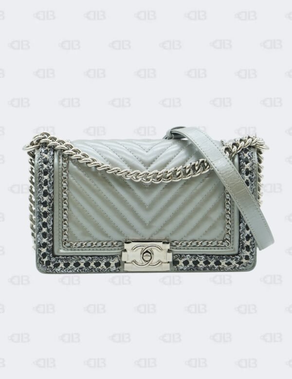 Chanel Metallic Silver Chevron Medium Braided Tweed Jacket Boy Flap Bag