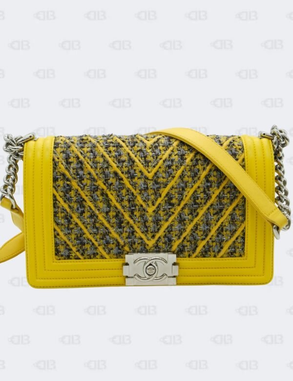 Chanel Yellow Tweed and Lambskin Medium Chevron Boy Flap Bag
