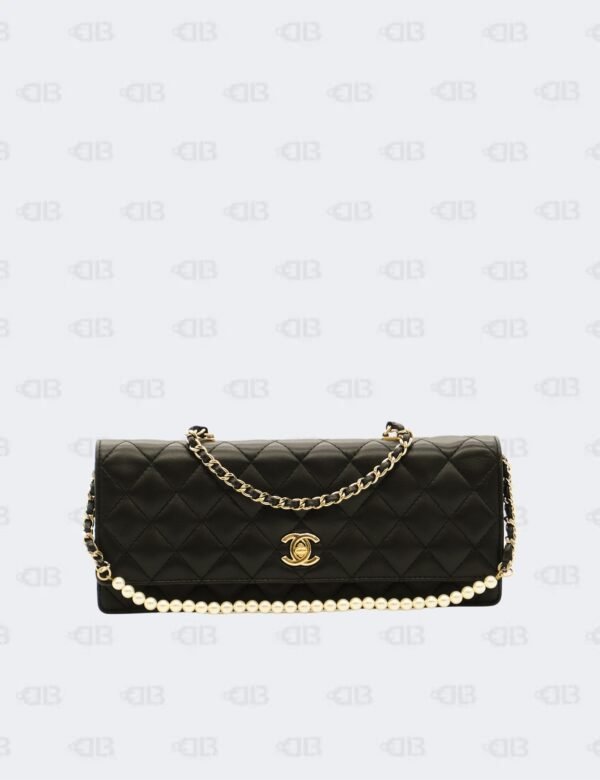 Chanel Black Lambskin Quilted Pearl Strap East West Flap Shoulder Bag