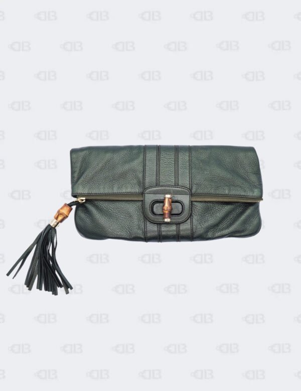 Gucci Metallic Green Bamboo Lucy Fold Over Clutch Bag