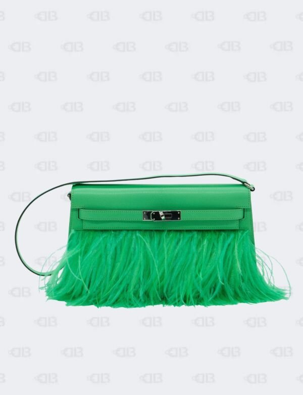 Hermès Kelly Élan in Vert Comics Chèvre Leather with Ostrich Feathers and Palladium Hardware