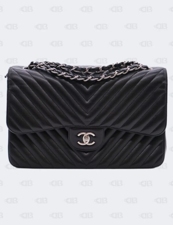 Chanel Black Lambskin Chevron Classic Jumbo Double Flap Bag