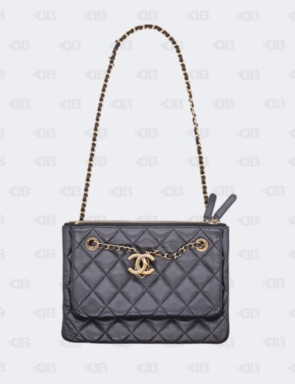 Chanel Black Quilted Lambskin Double Zip Case with Chain